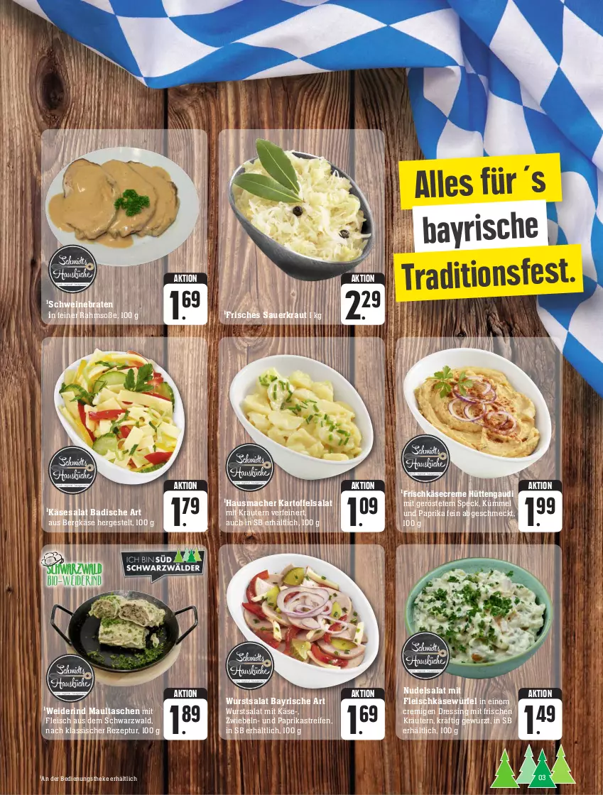 Aktueller Prospekt Edeka - Angebote der Woche - von 25.09 bis 30.09.2023 - strona 3 - produkty: auer, Bad, Bergkäse, braten, creme, dressing, eis, fleisch, fleischkäse, frischkäse, gewürz, Hausmacher, kartoffel, kartoffelsalat, Käse, Kraut, kräuter, kräutern, mac, maultaschen, nudel, nudelsalat, paprika, reifen, rezept, rind, salat, Sauerkraut, schwein, schweine, schweinebraten, Soße, Speck, Tasche, taschen, Ti, wein, weine, würfel, wurst, zwiebel, zwiebeln