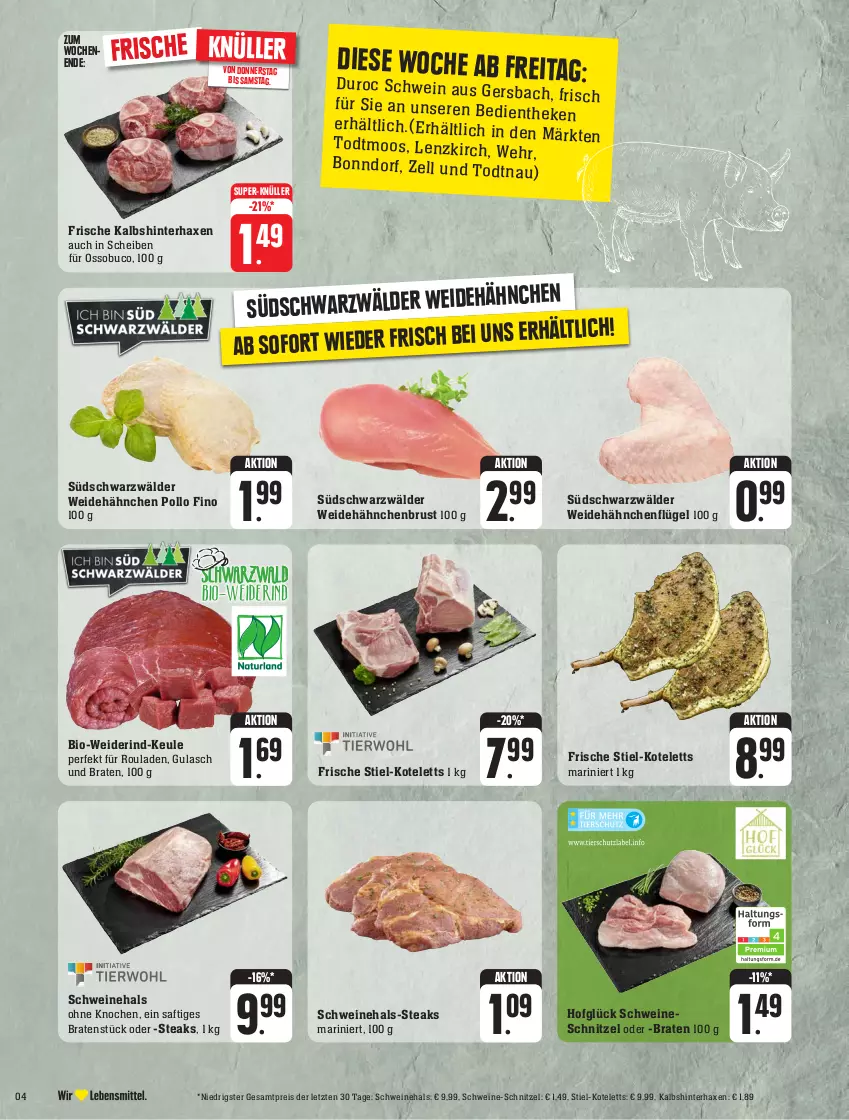 Aktueller Prospekt Edeka - Angebote der Woche - von 25.09 bis 30.09.2023 - strona 4 - produkty: axe, bio, braten, eis, gulasch, hähnchenbrust, hähnchenflügel, Haxe, kotelett, Pollo Fino, reis, rind, rouladen, saft, schnitzel, schwein, schweine, schweine-schnitzel, schweineschnitzel, steak, steaks, super-knüller, Ti, wein, weine, ZTE