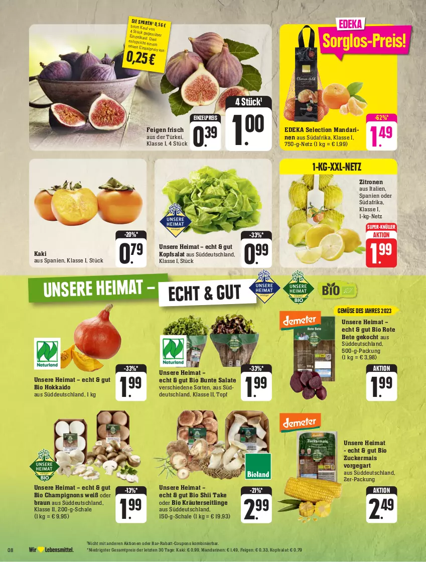 Aktueller Prospekt Edeka - Angebote der Woche - von 25.09 bis 30.09.2023 - strona 8 - produkty: bio, braun, bunte salate, champignon, champignons, coupon, coupons, deka, eis, Feigen, Kaki, kopfsalat, kräuter, Kräuterseitlinge, mais, mandarine, mandarinen, rabatt-coupon, reis, rote bete, salat, salate, Schal, Schale, super-knüller, Ti, topf, zitrone, zitronen, ZTE, zucker, zuckermais