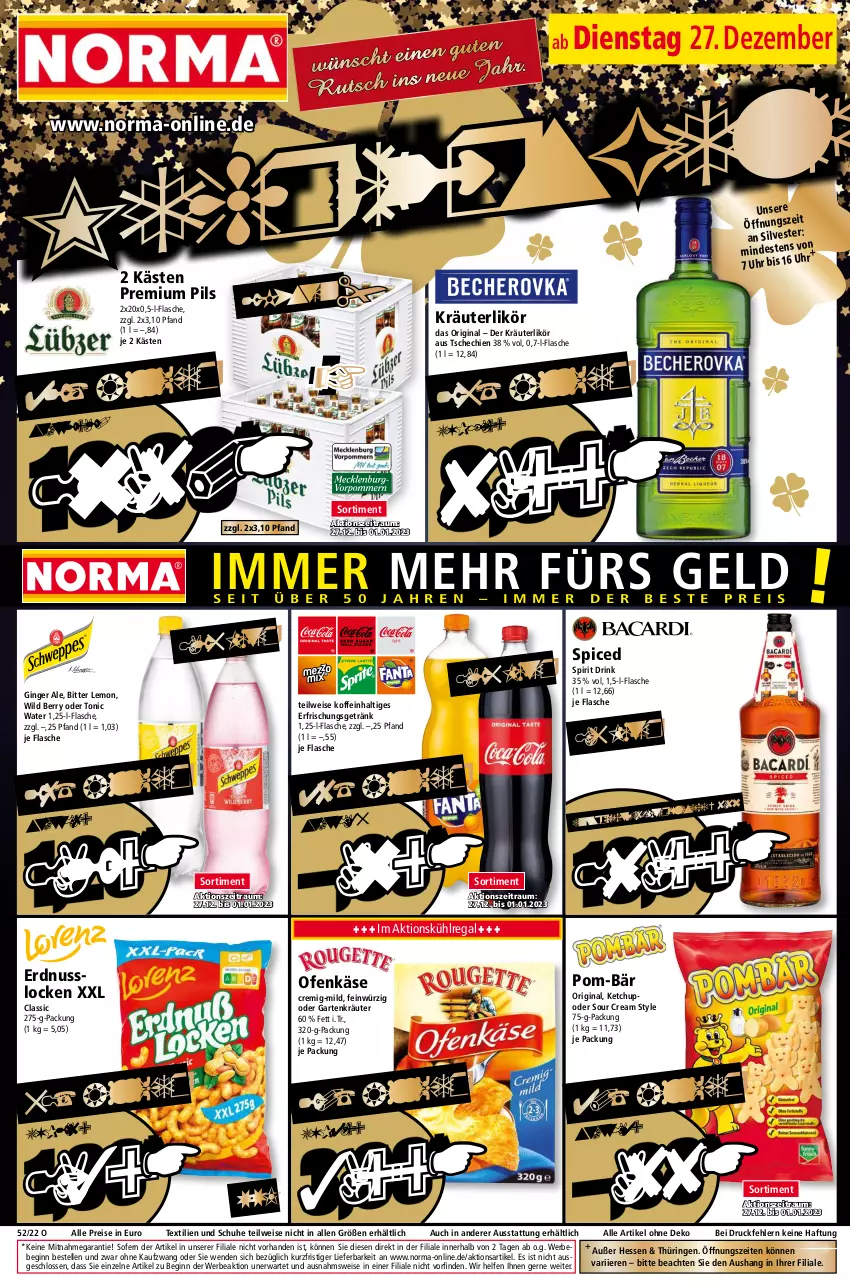 Aktueller Prospekt Norma - Norma - von 27.12.2022 bis 03.01.2023 - strona 1 - produkty: Bebe, bitter lemon, drink, eis, elle, erdnuss, flasche, Garten, getränk, gin, ginger, ginger ale, Käse, ketchup, kräuter, kräuterlikör, kühlregal, likör, nuss, Ofen, Ofenkäse, pils, pom-bär, premium pils, regal, reis, ring, schuhe, sour cream, Ti, tonic, tonic water, uhr, Wild, wild berry