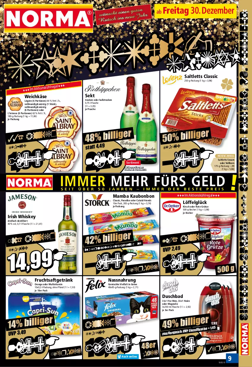 Aktueller Prospekt Norma - Norma - von 27.12.2022 bis 03.01.2023 - strona 13 - produkty: Bad, Becher, cola, duschbad, flasche, frucht, fruchtsaft, fruchtsaftgetränk, gelee, getränk, grütze, irish whiskey, Käse, kirsch, korn, kühlregal, LG, Löffel, mam, Nassnahrung, orange, regal, Rote Grütze, saft, saltletts, sekt, sesam, Ti, vita, weichkäse, whiskey