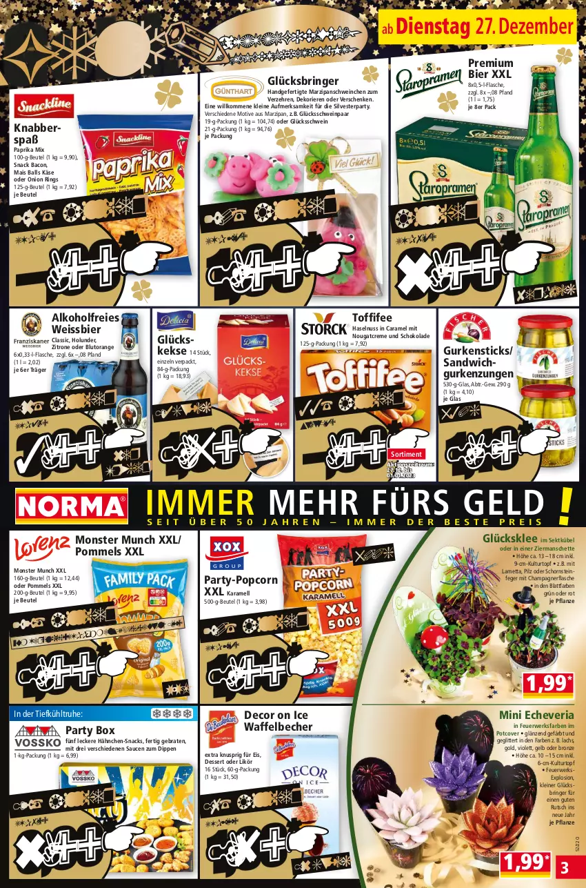 Aktueller Prospekt Norma - Norma - von 27.12.2022 bis 03.01.2023 - strona 3 - produkty: alkohol, bacon, ball, Becher, beutel, bier, Blutorange, braten, caramel, champagne, champagner, creme, decor, dessert, dip, eis, flasche, glücksklee, gurke, gurken, haselnuss, holunder, karamell, Käse, keks, kekse, kulturtopf, lachs, Lametta, leine, likör, mais, marzipan, Mett, monster, nerf, Nougatcreme, nuss, orange, paprika, paprika mix, pflanze, Pommels, popcorn, Ria, ring, rwe, sandwich, sauce, saucen, schoko, schokolade, Schornsteinfeger, schwein, sekt, snack, snacks, Ti, toffifee, topf, wein, weissbier, zitrone