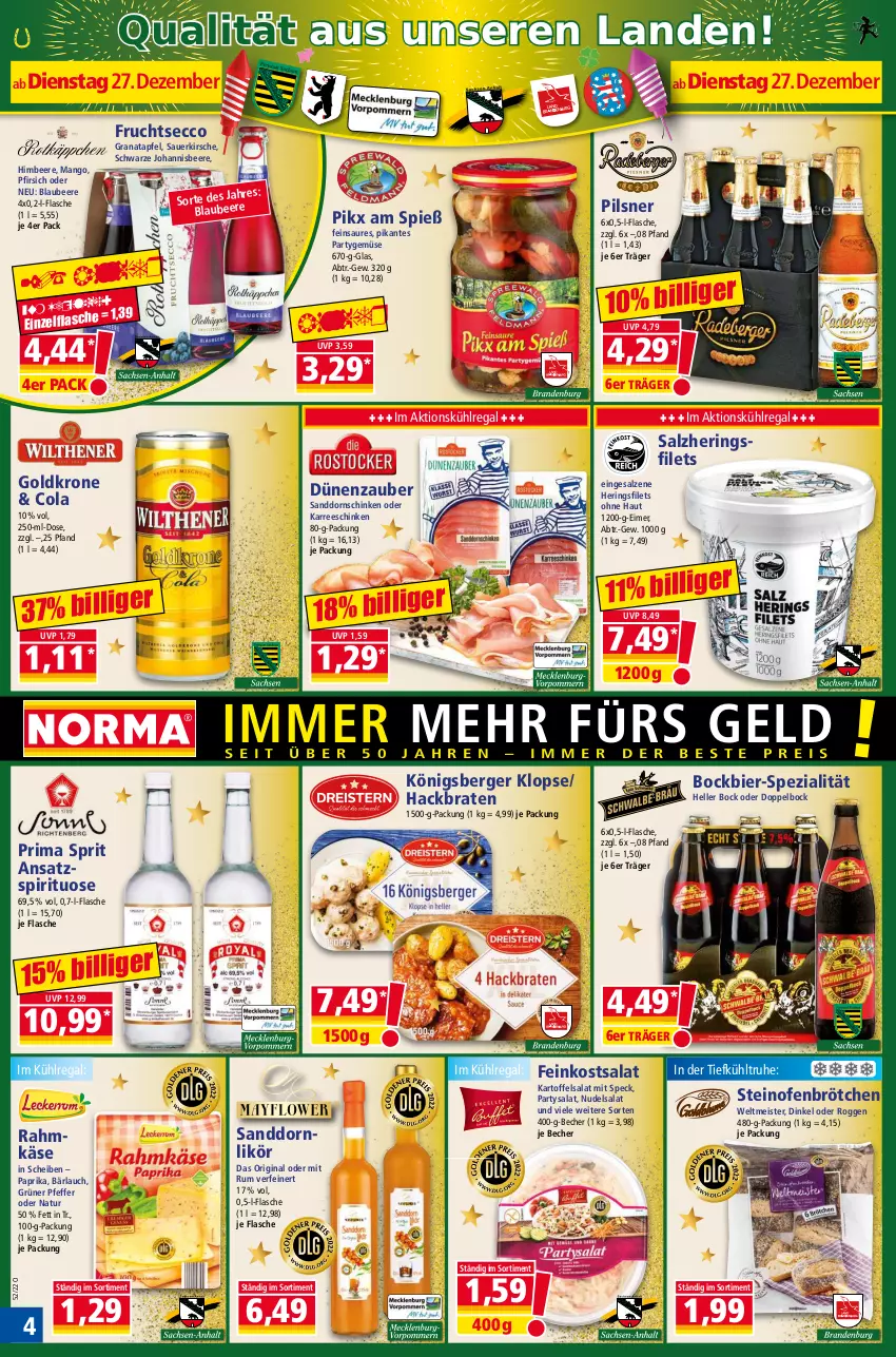 Aktueller Prospekt Norma - Norma - von 27.12.2022 bis 03.01.2023 - strona 4 - produkty: apfel, auer, Becher, beere, Berger, bier, Blaubeer, blaubeere, braten, brötchen, cola, ecco, eimer, eis, elle, feinkost, filet, filets, flasche, frucht, fruchtsecco, gin, goldkrone, grana, granatapfel, hering, Herings, heringsfilets, himbeer, himbeere, johannisbeere, kartoffel, kartoffelsalat, Käse, kirsch, kirsche, Königsberger Klopse, krone, kühlregal, likör, mango, Meister, natur, nudel, nudelsalat, Ofen, paprika, pfeffer, pfirsich, pils, pilsner, Rana, regal, ring, rum, salat, salz, sanddorn, schinken, Speck, Spezi, steinofen, Ti