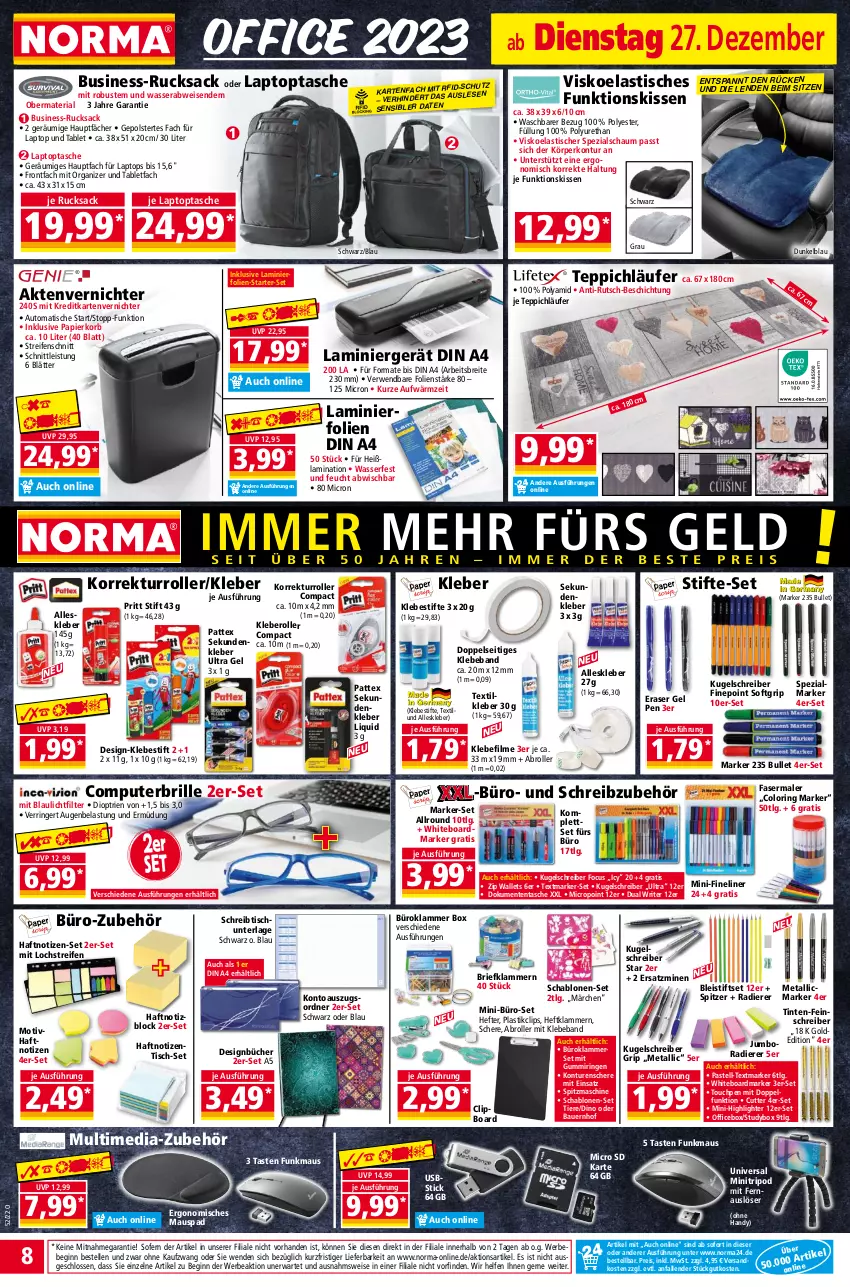 Aktueller Prospekt Norma - Norma - von 27.12.2022 bis 03.01.2023 - strona 8 - produkty: Aktenvernichter, asti, auer, auto, Bau, Bauer, Beba, Bebe, Bleistift, Brei, brie, Brille, computer, din a4, eis, elle, ente, fasermaler, Fineliner, gin, Handy, Hefte, HP, jumbo, kissen, Klammern, kleber, korb, Kugel, kugelschreiber, laminat, lamm, Laptop, Läufer, LG, Maus, ndk, office, ordner, papier, pattex, pritt, pute, reifen, reis, Ria, ring, Roller, rucksack, rwe, sac, Schere, schreibtisch, Spezi, Spezialmarker, stifte, tablet, Tasche, teppich, textmarker, Ti, Tiere, tisch, usb, wasser, zentis