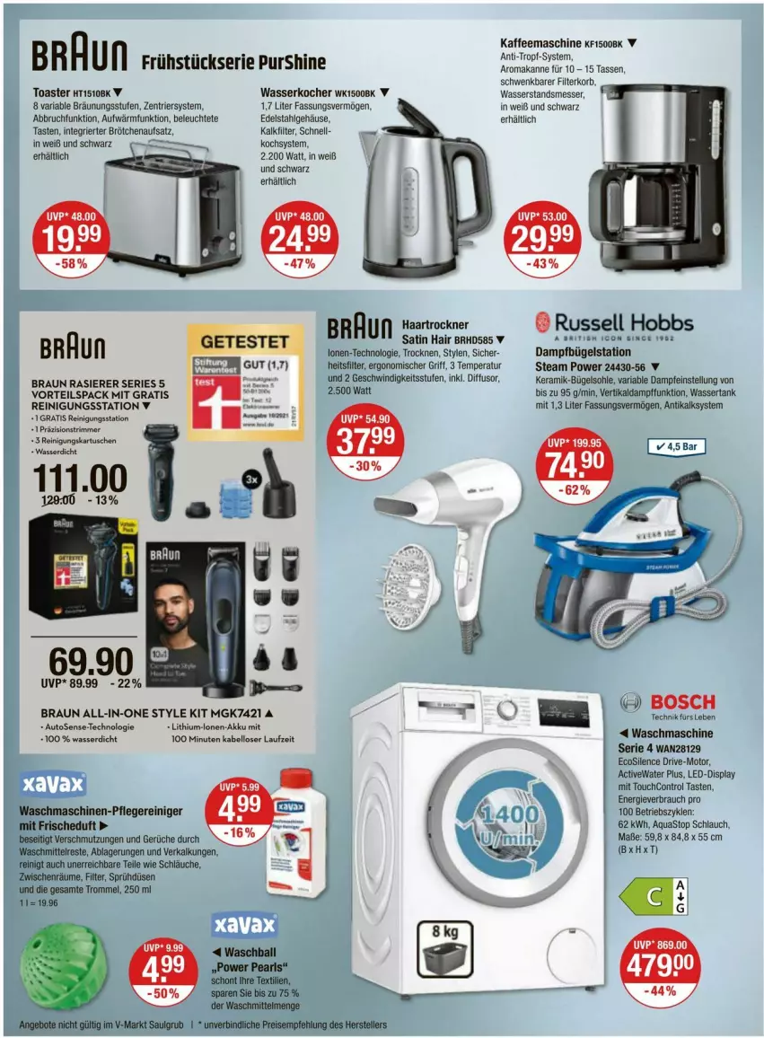 Aktueller Prospekt Vmarkt - Prospekte - von 29.02 bis 06.03.2024 - strona 18 - produkty: akku, angebot, angebote, aqua, aquastop, auto, ball, bosch, braun, brötchen, brötchenaufsatz, bügel, Bügelstation, dampfbügelstation, eis, elle, haartrockner, kaffee, kaffeemaschine, Kocher, korb, LG, Lithium-Lonen-Akku, messer, rasierer, Rauch, reiniger, Reinigung, reis, Ria, russell hobbs, schlauch, schläuche, tasse, teller, Ti, toast, toaster, Trockner, trommel, waschmaschine, waschmaschinen, waschmittel, wasser, wasserkocher, wassertank