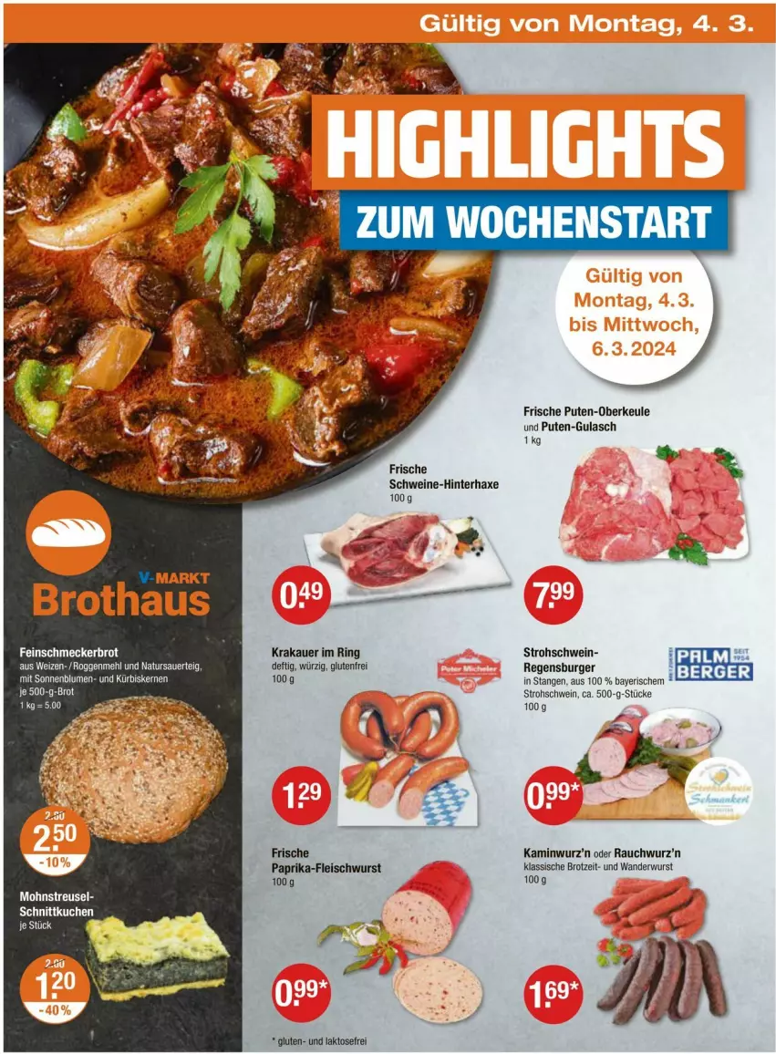 Aktueller Prospekt Vmarkt - Prospekte - von 29.02 bis 06.03.2024 - strona 22 - produkty: auer, axe, brot, burger, eis, fleisch, fleischwurst, gulasch, Haxe, HP, Kamin, Kaminwurz, krakauer, mehl, natur, paprika, pute, Rauch, regensburger, ring, schwein, schweine, Ti, wein, weine, wurst