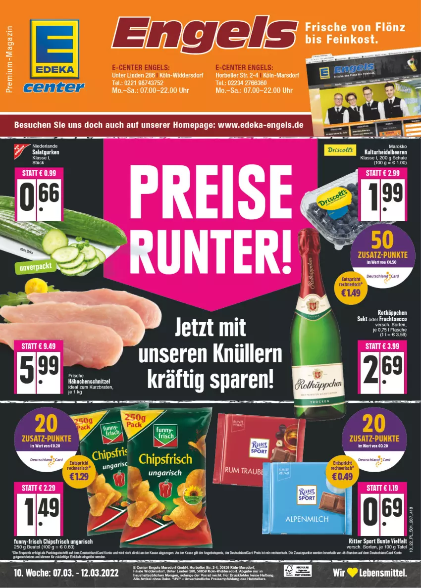 Aktueller Prospekt E Center - Angebote der Woche - von 07.03 bis 12.03.2022 - strona 1 - produkty: angebot, angebotspreis, beere, beeren, beutel, braten, chips, chipsfrisch, deka, deutschlandcard, ecco, eier, eis, elle, Engel, ente, erde, feinkost, frucht, fruchtsecco, funny-frisch, gurke, gurken, heidelbeere, heidelbeeren, lebensmittel, LG, mars, Omep, reis, reiss, ritter, ritter sport, salat, Salatgurke, salatgurken, Schal, Schale, sekt, Sport, teller, Ti, Yo