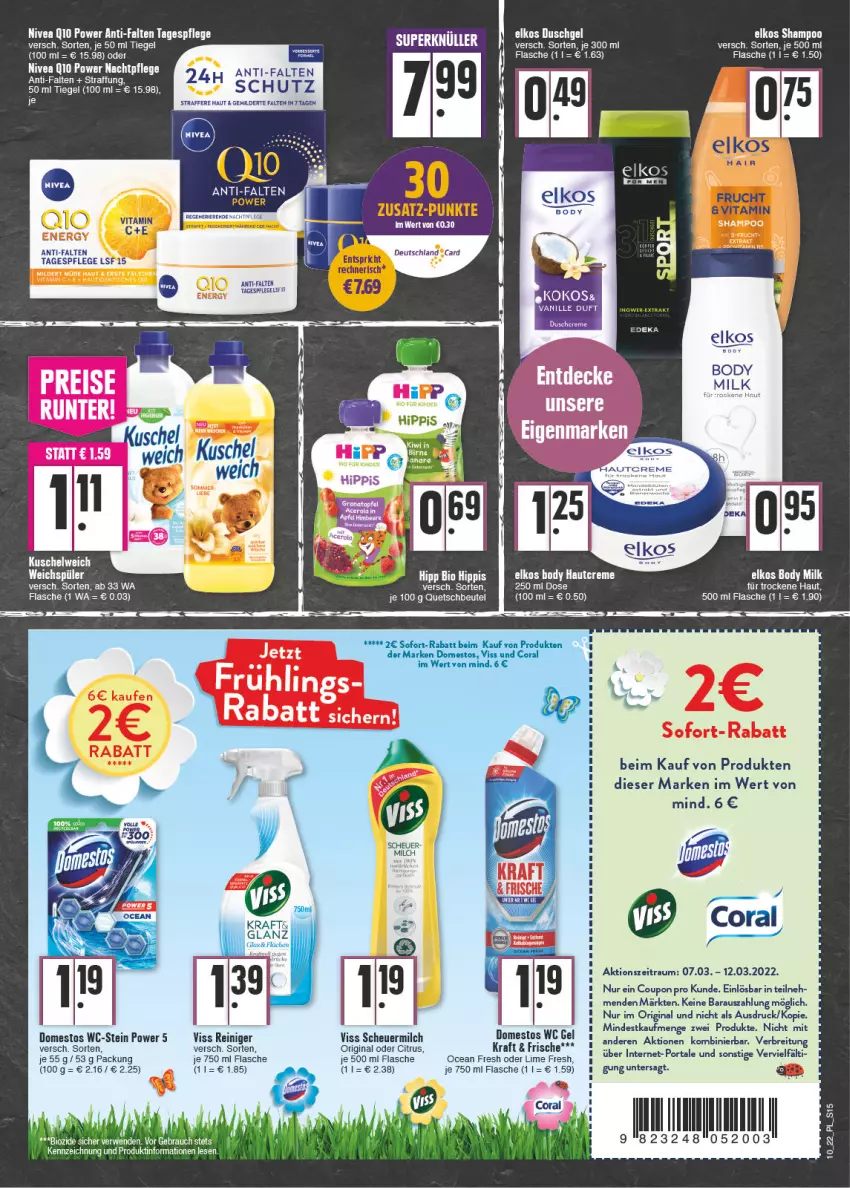 Aktueller Prospekt E Center - Angebote der Woche - von 07.03 bis 12.03.2022 - strona 15 - produkty: beutel, bio, body, Brei, citrus, Coral, coupon, creme, domestos, dusche, duschgel, elkos, flasche, frucht, gin, Heu, kokos, kraft, Kuschelweich, milch, nivea, quetschbeutel, Rauch, reiniger, rwe, Schere, scheuermilch, sim, sofort-rabatt, Tagespflege, Ti, vanille, vita, weichspüler