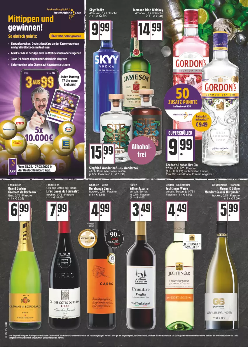 Aktueller Prospekt E Center - Angebote der Woche - von 07.03 bis 12.03.2022 - strona 8 - produkty: alkohol, angebot, angebotspreis, auer, Bad, brut, burgunder, deutschlandcard, eis, elle, erde, flasche, gin, gordon, gordons, grauburgunder, grauer burgunder, irish whiskey, jameson, Kaiser, LG, primitivo, reis, stuhl, tee, Ti, uhr, wein, weine, whiskey