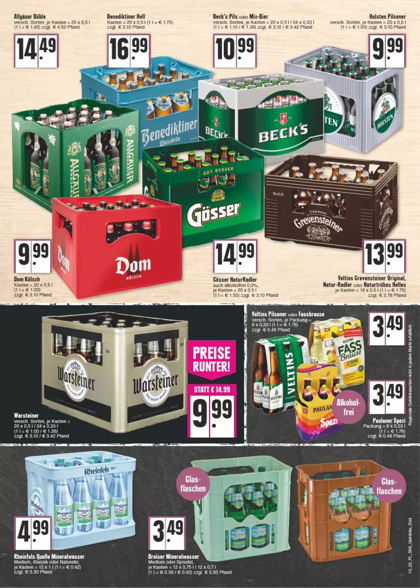 Aktueller Prospekt E Center - Angebote der Woche - von 07.03 bis 12.03.2022 - strona 9 - produkty: alkohol, Alwa, Benediktiner, bier, brause, eis, elle, fassbrause, getränk, getränke, gin, gösser, grevensteiner, holsten, holsten pilsener, LG, mineralwasser, natur, Paula, paulaner, pils, pilsener, radler, reis, rel, rheinfels quelle, Spezi, Sprudel, steiner, Ti, veltins, veltins pilsener, warsteiner, wasser