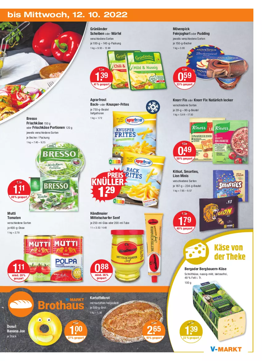 Aktueller Prospekt Vmarkt - V-Markt - von 06.10 bis 12.10.2022 - strona 23 - produkty: agrarfrost, auer, Bau, Bauer, Becher, bergader, beutel, bresso, brot, Donut, eis, feinjoghurt, frischkäse, grünländer, händlmaier, je 500-g-brot, joghur, joghurt, kartoffel, Kartoffelbrot, kartoffeln, Käse, kitkat, knorr, knorr fix, lion, mövenpick, Mutti, nuss, pudding, reis, schnittkäse, senf, smarties, Ti, tomate, tomaten, würfel