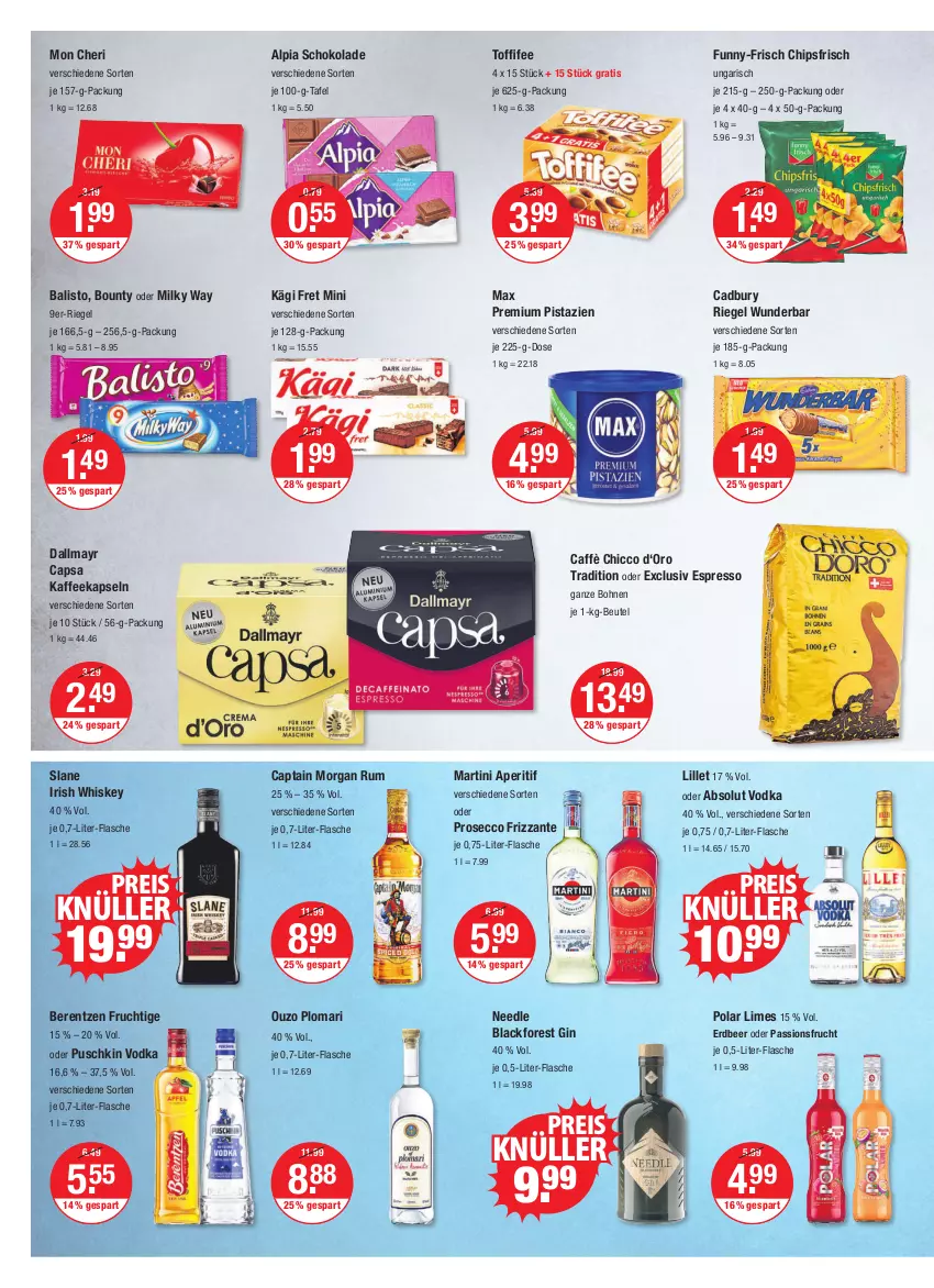 Aktueller Prospekt Vmarkt - V-Markt - von 06.10 bis 12.10.2022 - strona 8 - produkty: Absolut Vodka, alpia, aperitif, balisto, berentzen, beutel, bohne, bohnen, bounty, Cap, captain morgan, chips, chipsfrisch, dallmayr, dallmayr capsa, ecco, eis, espresso, flasche, frizzante, frucht, funny-frisch, gin, irish whiskey, kaffee, kaffeekapseln, Kägi, lack, lillet, martini, milky way, ouzo, passionsfrucht, pistazien, prosecco, puschkin vodka, reis, riegel, rum, schoko, schokolade, Ti, toffifee, vodka, whiskey