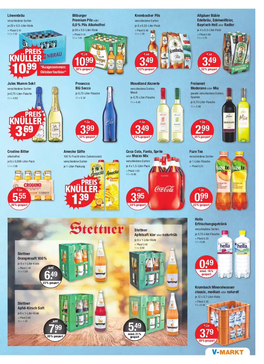 Aktueller Prospekt Vmarkt - V-Markt - von 06.10 bis 12.10.2022 - strona 9 - produkty: alkohol, Alwa, amecke, apfel, apfelsaft, bier, bitburger, burger, cola, ecco, eis, ente, erfrischungsgetränk, fanta, flasche, freixenet, frucht, fuze tea, getränk, hella, je 1-liter-flasche, jules mumm, kirsch, krombache, krombacher, krombacher pils, krumbach, LG, Mezzo Mix, mineralwasser, Mineralwasser Classic, moselland, mumm, natur, oder radler, orange, orangen, orangensaft, pils, premium pils, prosecco, radler, reis, rel, rum, saft, säfte, sekt, sprite, wasser, zucker