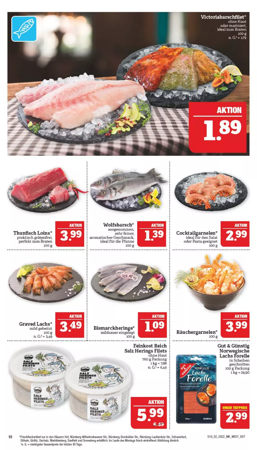 Aktueller Prospekt Marktkauf - Prospekt - von 25.12 bis 31.12.2022 - strona 10 - produkty: auer, bismarck, braten, cocktail, eis, elle, feinkost, filet, filets, fisch, forelle, frischfisch, garnelen, hering, Herings, Holz, ideal zum braten, keks, lachs, LG, mac, pasta, pfanne, reis, rel, Ria, ring, rwe, salat, salz, schnitten, schwein, thunfisch, Ti, tisch, wein, wolfsbarsch, ZTE