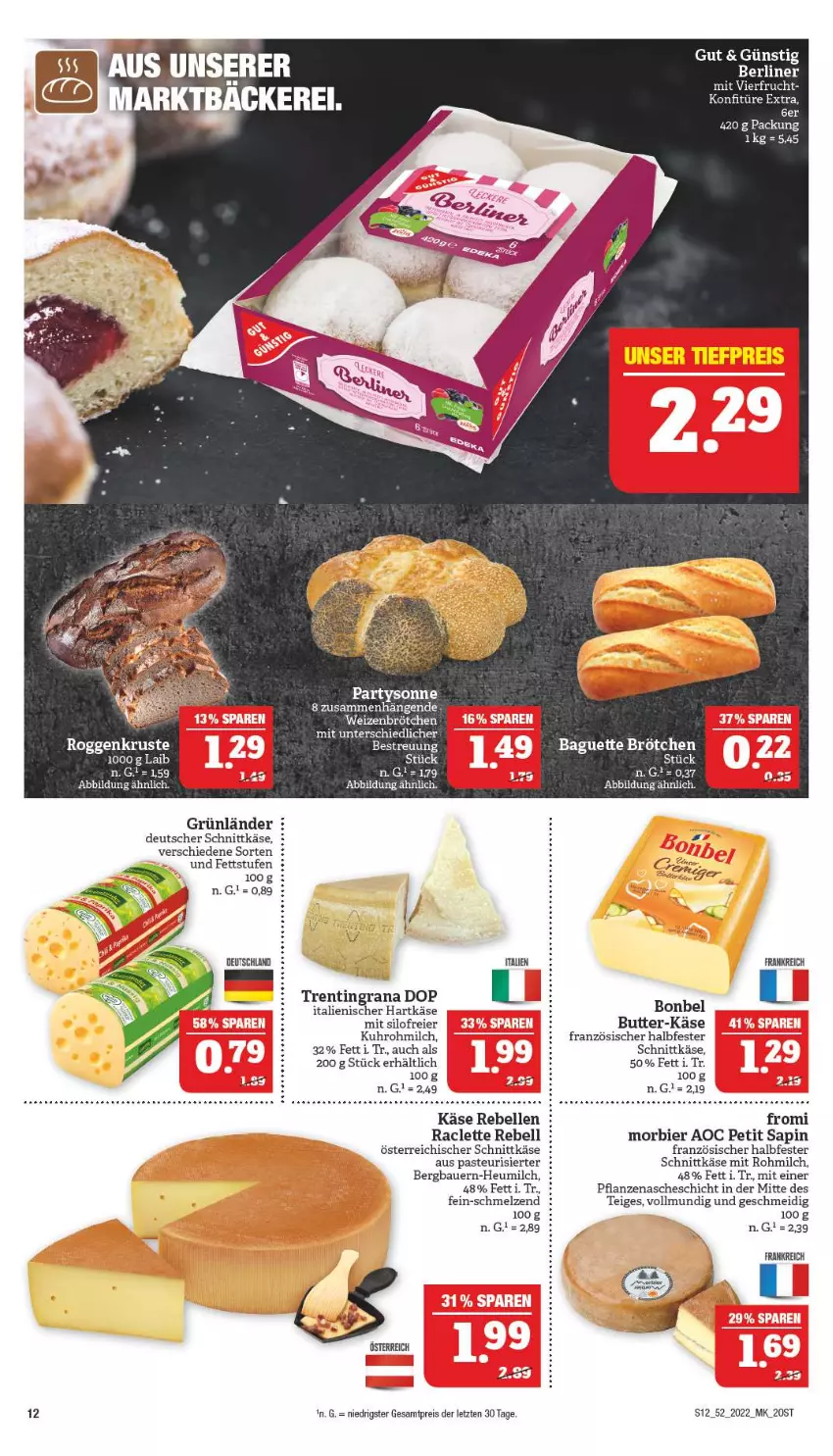 Aktueller Prospekt Marktkauf - Prospekt - von 25.12 bis 31.12.2022 - strona 12 - produkty: auer, baguette, Bau, Bauer, bier, bonbel, brötchen, butter, deutscher schnittkäse, eier, eis, elle, grana, grünländer, hartkäse, Heu, italienischer hartkäse, Käse, milch, Morbier, österreichischer schnittkäse, pflanze, pflanzen, Rana, rebell, reis, schnittkäse, Ti, uhr, weizenbrötchen, ZTE