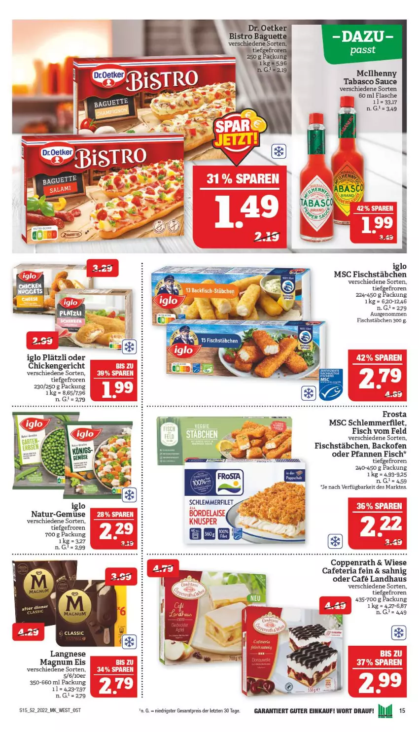 Aktueller Prospekt Marktkauf - Prospekt - von 25.12 bis 31.12.2022 - strona 15 - produkty: backofen, coppenrath, eis, filet, fisch, fischstäbchen, flasche, frosta, iglo, langnese, magnum, natur, Ofen, pfanne, pfannen, reis, Ria, sauce, schlemmerfilet, tabasco, Ti, ZTE