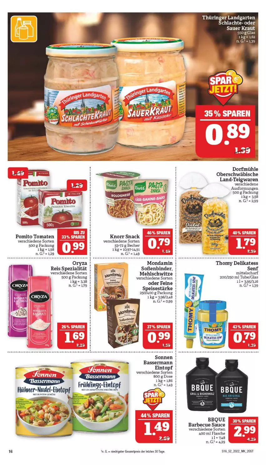 Aktueller Prospekt Marktkauf - Prospekt - von 25.12 bis 31.12.2022 - strona 16 - produkty: auer, barbecue, Becher, bett, eintopf, eis, flasche, fleisch, Garten, hühner, knorr, Kraut, mehl, mondamin, nudel, oryza, pomito, reis, ring, sauce, senf, snack, Soße, Spezi, teigwaren, thomy, tomate, tomaten, topf, ZTE