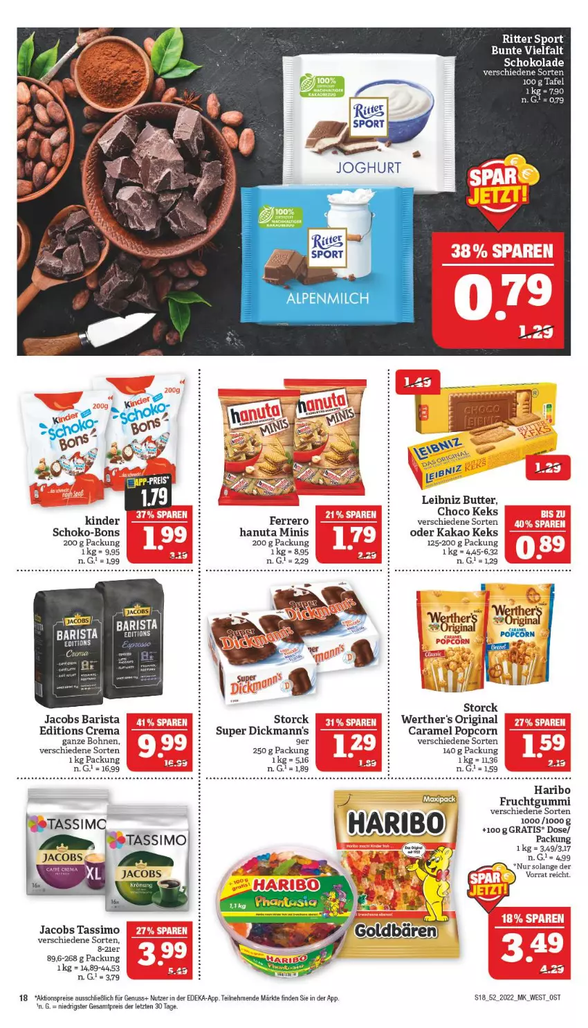 Aktueller Prospekt Marktkauf - Prospekt - von 25.12 bis 31.12.2022 - strona 18 - produkty: aktionspreis, alpenmilch, bohne, bohnen, butter, caramel, deka, Dickmann's, eis, ferrero, frucht, fruchtgummi, gin, goldbären, hanuta, haribo, jacobs, jacobs tassimo, kakao, keks, leibniz, milch, nuss, popcorn, reis, ritter, ritter sport, schoko, schoko-bons, schokolade, sim, Sport, storck, tassimo, Ti, werther's, ZTE