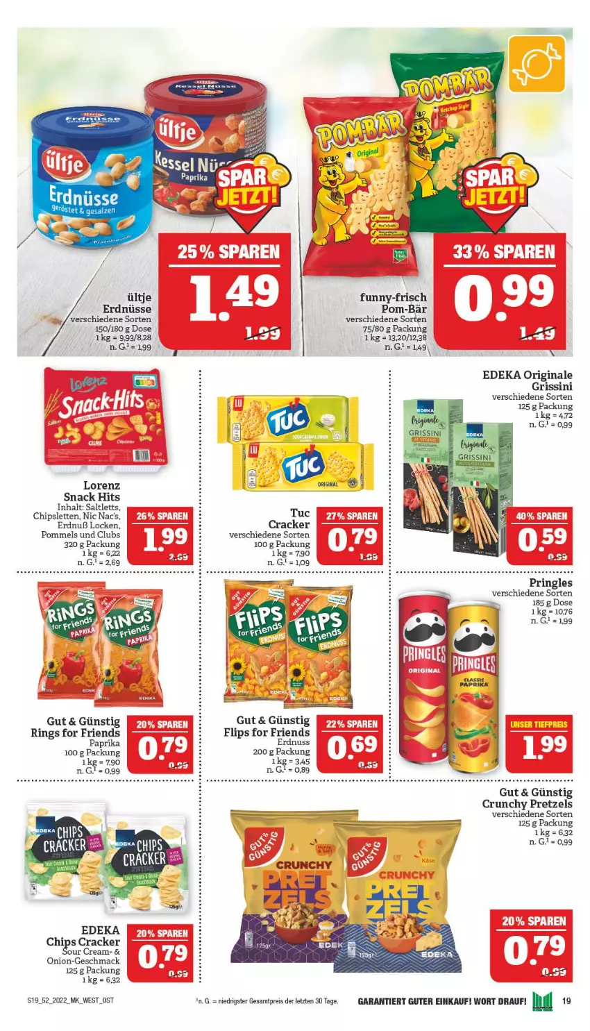 Aktueller Prospekt Marktkauf - Prospekt - von 25.12 bis 31.12.2022 - strona 19 - produkty: chips, cracker, deka, eis, elle, erdnuss, erdnüsse, funny-frisch, gin, grissini, lorenz, mac, nic nac's, nuss, paprika, pom-bär, Pommels, Pretzel, pringles, reis, ring, saltletts, snack, snack hits, Ti, Tiere, tuc, ültje, ültje erdnüsse, ZTE