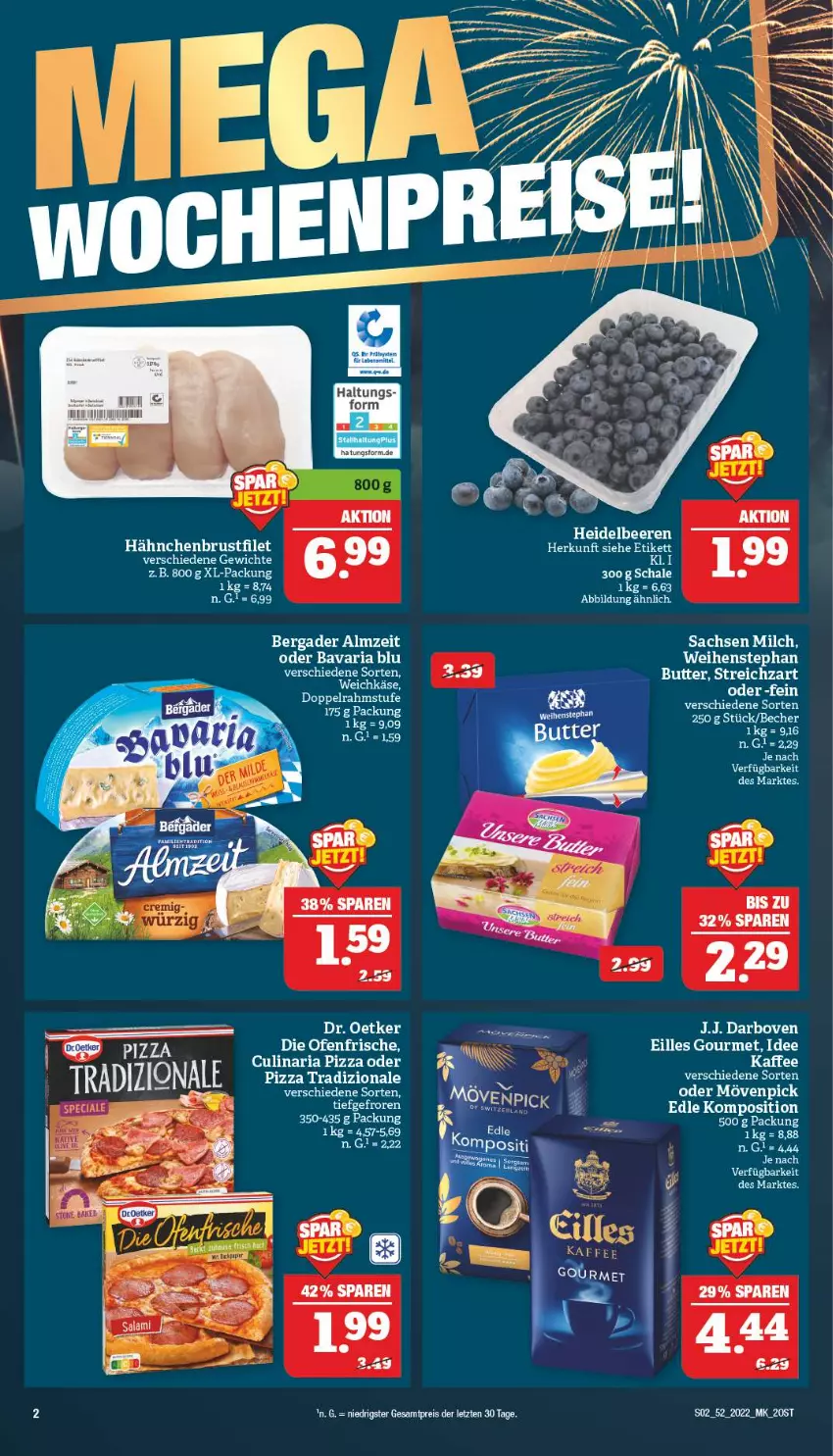 Aktueller Prospekt Marktkauf - Prospekt - von 25.12 bis 31.12.2022 - strona 2 - produkty: bavaria blu, Becher, beere, beeren, bergader, brustfilet, culinaria, darbo, darboven, die ofenfrische, doppelrahmstufe, Dr. Oetker, eilles gourmet, eis, filet, hähnchenbrust, hähnchenbrustfilet, heidelbeere, heidelbeeren, Käse, milch, mövenpick, Ofen, pizza, pizza tradizionale, reis, Ria, sac, tee, Ti, tradizionale, weichkäse, weihenstephan, ZTE