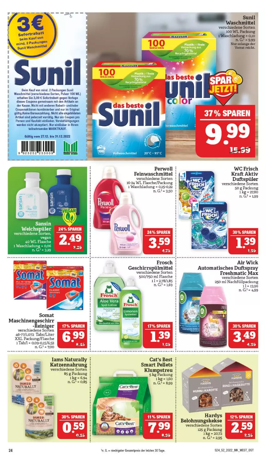 Aktueller Prospekt Marktkauf - Prospekt - von 25.12 bis 31.12.2022 - strona 24 - produkty: Air Wick, auto, coupon, coupons, Duftspray, eis, elle, feinwaschmittel, flasche, Frosch, geschirr, geschirrspülmittel, gin, katzennahrung, keks, kekse, klumpstreu, kraft, Lotion, natur, natura, Pellets, perwoll, reiniger, reis, sofortrabatt, somat, spülmittel, sunil, Ti, tisch, waschmittel, WICK, ZTE