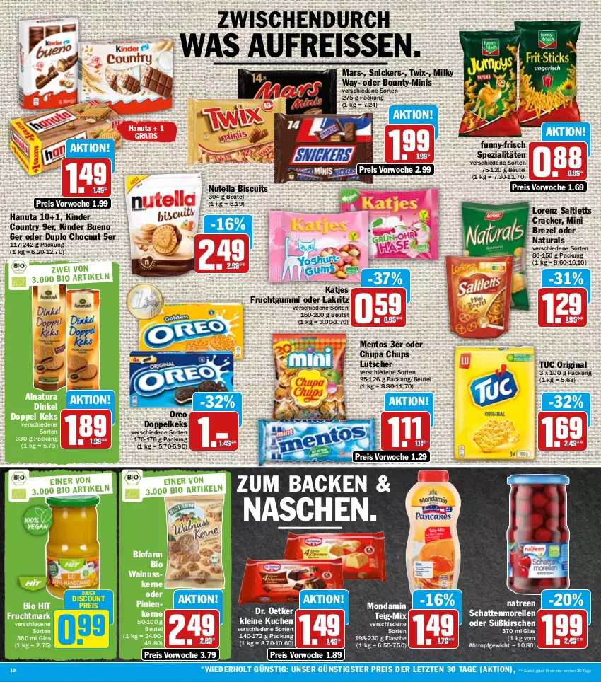 Aktueller Prospekt Hit - Prospekte - von 07.06 bis 11.06.2022 - strona 10 - produkty: auer, beutel, bio, bio hit, bounty, brezel, chupa, chupa chups, cracker, discount, Dr. Oetker, duplo, eis, elle, flasche, frucht, fruchtgummi, Fruchtmark, funny-frisch, gin, hanuta, katjes, keks, Kinder, kinder bueno, kinder country, kirsch, kirsche, kirschen, kuchen, Lakritz, leine, lorenz, Lutscher, mars, mentos, milky way, mondamin, morellen, natur, natura, nuss, nutella, oder lakritz, oreo, pinienkerne, reis, reiss, rel, saltletts, schattenmorellen, snickers, Spezi, Ti, tuc, twix, walnuss, walnusskerne, ZTE