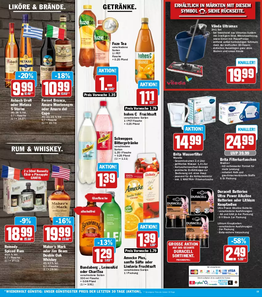 Aktueller Prospekt Hit - Prospekte - von 07.06 bis 11.06.2022 - strona 15 - produkty: alkohol, amaro, Amaro del Capo, amecke, Apple, asbach uralt, batterie, batterien, brita, Bundaberg, Cap, eimer, eis, elle, Fernet, fernet branca, filterkartuschen, flasche, frucht, fruchtsaft, fuze tea, getränk, getränke, glasflasche, Hohes C, jim beam, kraft, kühlschrank, likör, mac, Maxtra, Metaxa, mikrofaser, monte, rama, reis, rel, ring, rum, saft, säfte, Schrank, schweppes, Ti, Tiere, tisch, vileda, wasser, wasserfilter, whiskey, ZTE