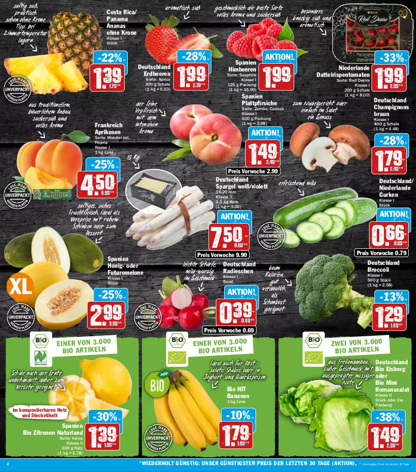 Aktueller Prospekt Hit - Prospekte - von 07.06 bis 11.06.2022 - strona 2 - produkty: ananas, aprikose, aprikosen, banane, bananen, Bau, beere, beeren, bio, bio hit, braun, broccoli, champignon, champignons, champignons braun, dessert, eis, elle, erdbeere, erdbeeren, fleisch, frucht, fruchtfleisch, gurke, gurken, himbeer, himbeere, himbeeren, honig, joghur, joghurt, korb, krone, LG, mac, melone, natur, naturland, nudel, Nudelgericht, nuss, obst, pfirsich, pfirsiche, plattpfirsiche, quark, radieschen, reis, Ria, rispentomaten, Romanasalat, saft, salat, salate, sapphire, Schal, Schale, schinken, shake, spargel, Stier, Ti, tisch, tomate, tomaten, vorspeise, zitrone, zitronen, ZTE, zucker