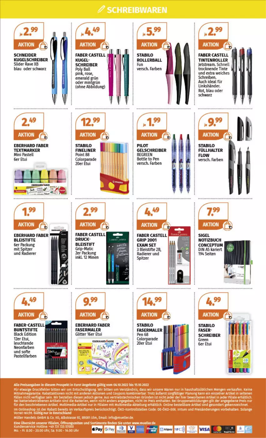 Aktueller Prospekt Mueller - Schreibwaren Angebote - von 04.10 bis 15.10.2022 - strona 4 - produkty: ball, Bleistift, bleistifte, buch, buntstifte, eberhard faber, eis, faber castell, fasermaler, Fineliner, Kugel, kugelschreiber, lack, Leuchte, leuchten, mint, Roller, stabilo, stifte, textmarker, Ti