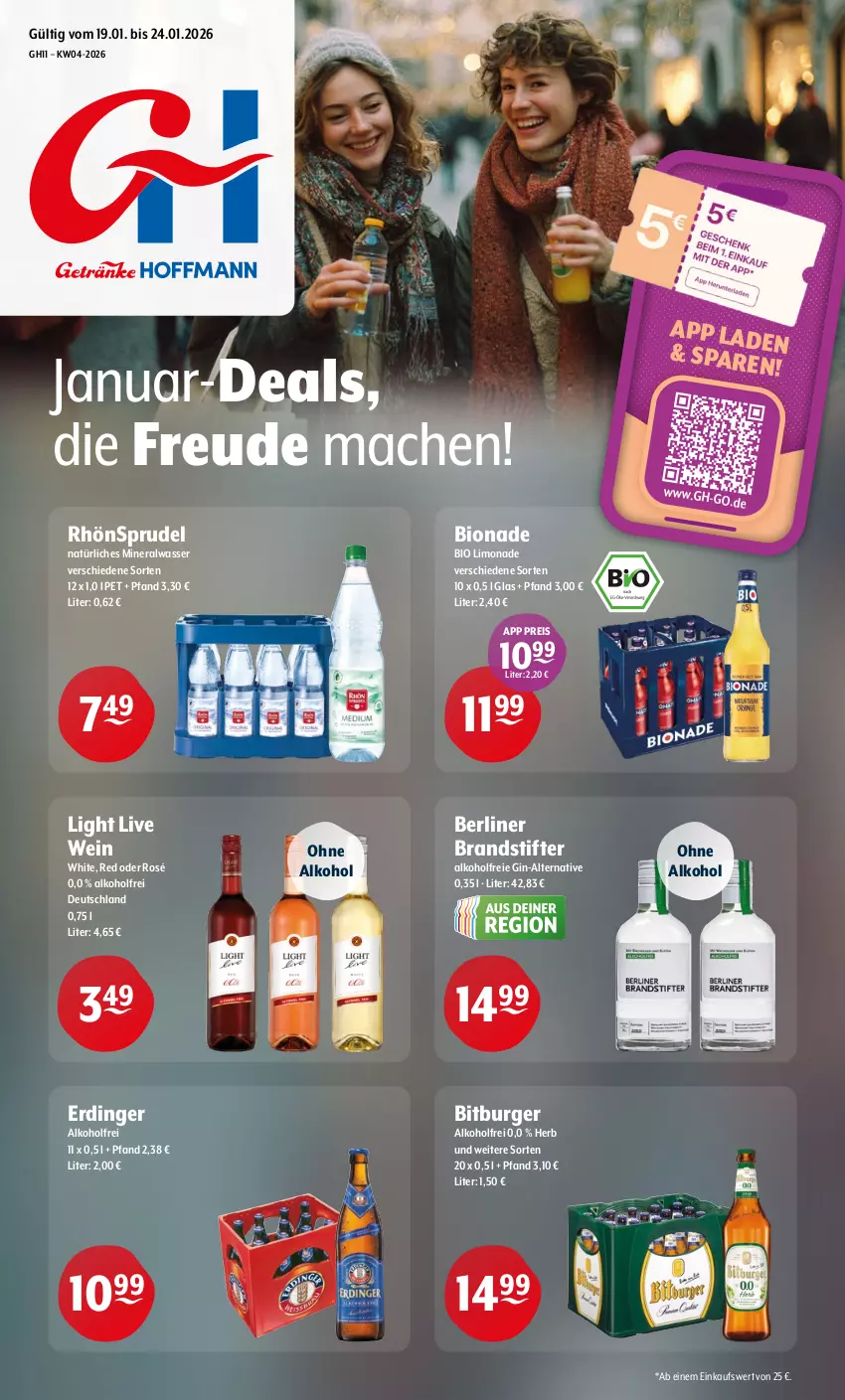 Aktueller Prospekt Getraenke Hoffmann - Prospekte - von 19.01 bis 24.01.2026 - strona 1 - produkty: alkohol, Alwa, berliner, bio, bio limo, bionade, bitburger, burger, eis, erdinger, gin, limo, limonade, mac, mineralwasser, natürliches mineralwasser, ohne alkohol, reis, RhönSprudel, Sprudel, stifte, Ti, wasser, wein