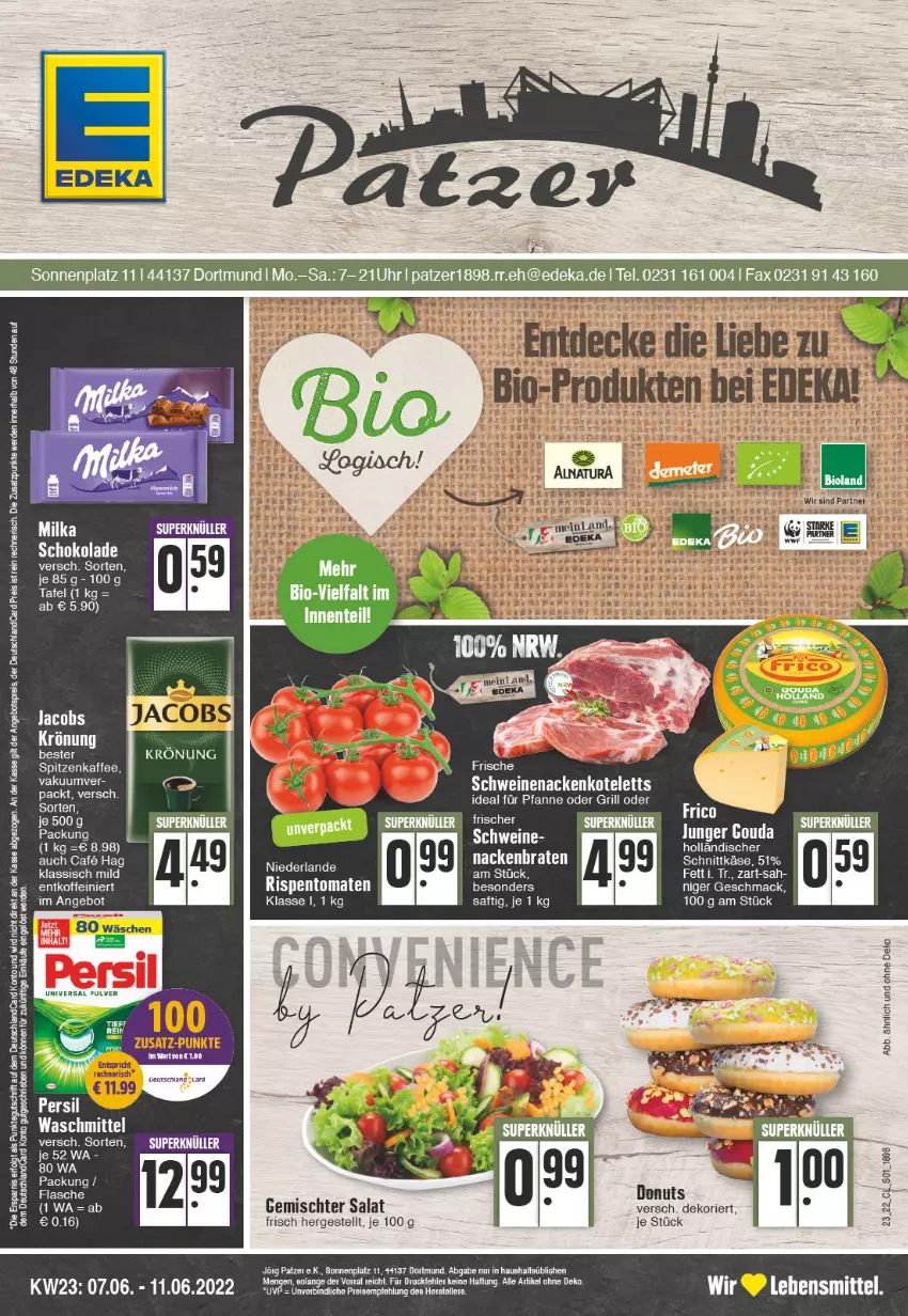 Aktueller Prospekt Edeka - Angebote der Woche - von 06.06 bis 11.06.2022 - strona 1 - produkty: angebot, angebotspreis, Astra, bio, braten, chia, deka, deutschlandcard, Donut, donuts, eis, ente, erde, flasche, gouda, grill, holländischer schnittkäse, jacobs, Käse, kotelett, lebensmittel, mac, milka, milka schokolade, nackenkoteletts, pfanne, reis, Ria, rispentomaten, saft, salat, schnittkäse, schoko, schokolade, schwein, schweine, schweinenacken, Ti, tomate, tomaten, universal pulver, waschmittel, wein, weine