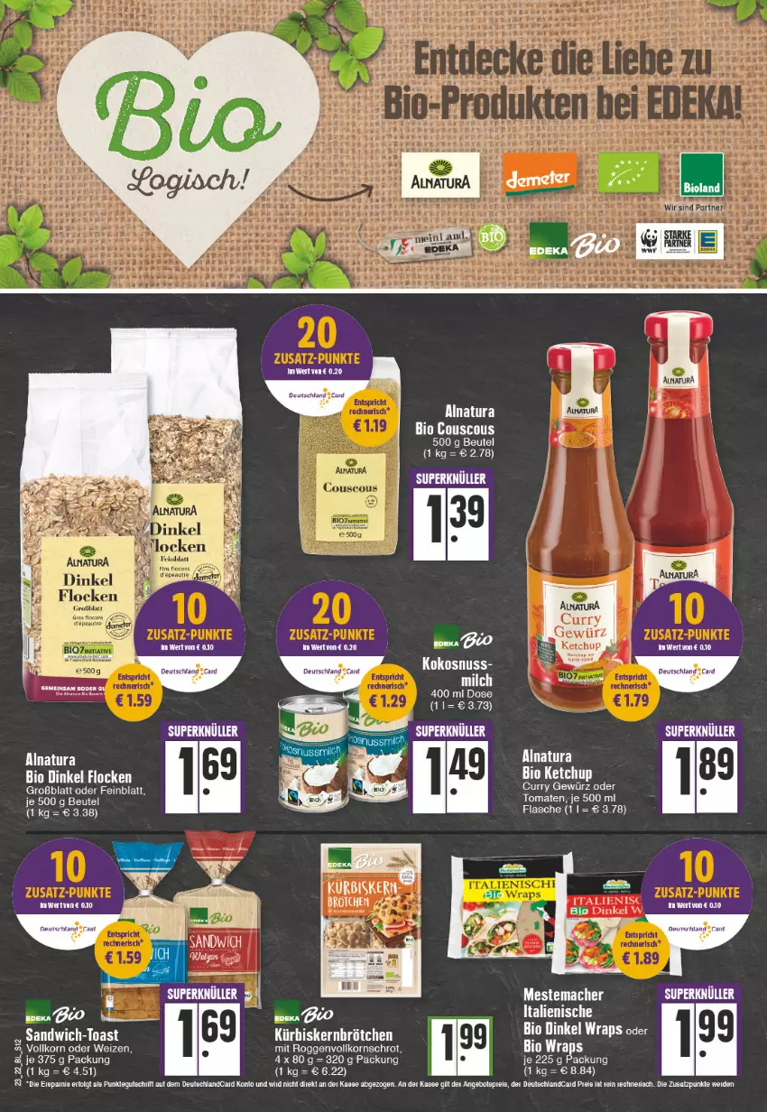 Aktueller Prospekt Edeka - Angebote der Woche - von 06.06 bis 11.06.2022 - strona 12 - produkty: beutel, bio, brötchen, couscous, curry, flasche, gewürz, ketchup, kokos, kokosnuss, korn, Kürbis, Kürbiskernbrötchen, LG, mac, mestemacher, milch, natur, natura, nuss, rel, sandwich, tee, Ti, toast, tomate, tomaten, wrap, wraps