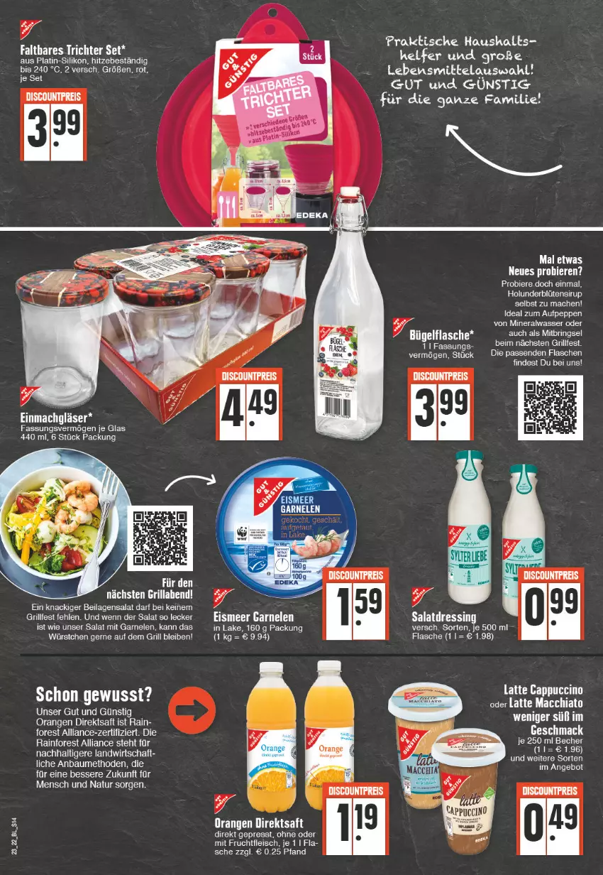 Aktueller Prospekt Edeka - Angebote der Woche - von 06.06 bis 11.06.2022 - strona 14 - produkty: ACC, Alwa, Bau, bier, Biere, Blüte, bügel, bügelflasche, Cap, cappuccino, chia, cin, direktsaft, discount, dressing, eis, flasche, fleisch, frucht, fruchtfleisch, garnelen, Gläser, grill, holunder, holunderblüte, ilag, latte, latte macchiato, lebensmittel, mac, macchiato, mineralwasser, mit frucht, natur, orange, orangen, reis, ring, saft, salat, salatdressing, sirup, Ti, tisch, wasser, würstchen