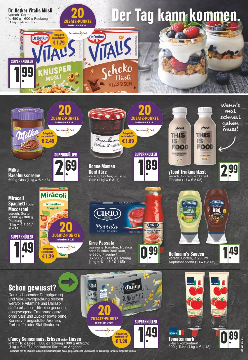 Aktueller Prospekt Edeka - Angebote der Woche - von 06.06 bis 11.06.2022 - strona 17 - produkty: ACC, angebot, basilikum, bonne maman, creme, deutschland card, deutschlandcard, Dr. Oetker, erbsen, flasche, haselnuss, Haselnusscreme, konfitüre, linsen, mac, mais, mam, milka, müsli, nuss, salz, sauce, saucen, spaghetti, Ti, tomate, tomaten, tomatenmark, vita, vitalis, vitalis müsli, zucker