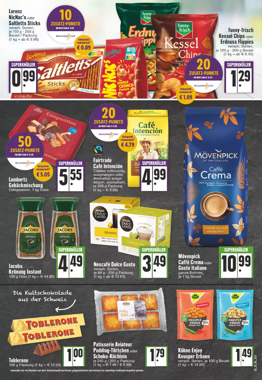 Aktueller Prospekt Edeka - Angebote der Woche - von 06.06 bis 11.06.2022 - strona 21 - produkty: Amber, beutel, bohne, bohnen, chips, deutschlandcard, dolce gusto, erbsen, erdnuss, flippies, funny-frisch, gebäckmischung, jacobs, jacobs krönung, Kühne, lambertz, lorenz, mövenpick, nescafe, nuss, paprika, pudding, saltletts, schoko, Ti, tisch, Törtchen