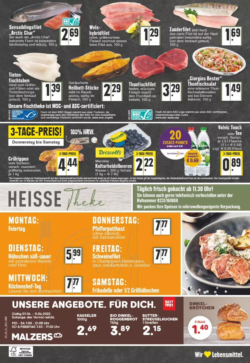 Aktueller Prospekt Edeka - Angebote der Woche - von 06.06 bis 11.06.2022 - strona 24 - produkty: alkohol, angebot, angebote, auer, bio, braten, brot, butter, champignon, dell, deutschlandcard, eis, elle, ente, erde, filet, fisch, fische, Fischer, fischtheke, flasche, fleisch, grill, grillhähnchen, grillrippe, ideal zum grillen, kartoffel, kartoffeln, küche, Küchen, kuchen, lebensmittel, mac, nudel, nudeln, ohne alkohol, pfeffer, Rauch, reifen, reis, ring, Rippen, saft, Saibling, salat, salz, sauce, Schal, Schale, Schere, schwein, schweine, schweinefilet, Seesaiblingsfilet, Streuselkuchen, tee, telefon, thunfisch, Thunfischsalat, Ti, Tintenfischringe, uhr, volvic, wein, weine, Zander