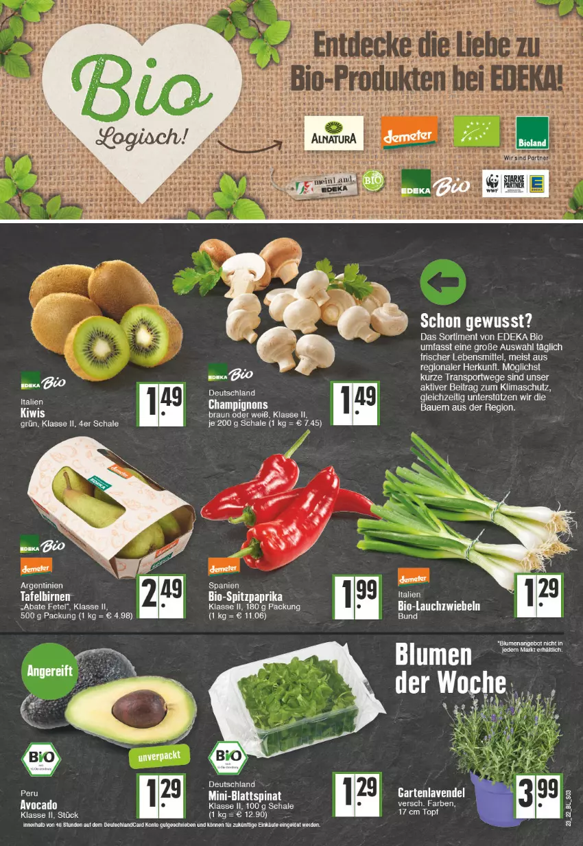 Aktueller Prospekt Edeka - Angebote der Woche - von 06.06 bis 11.06.2022 - strona 3 - produkty: angebot, auer, Bau, Bauer, bio, Birnen, blattspinat, blume, blumen, braun, champignon, champignons, deka, deutschlandcard, edeka bio, eis, Garten, Lauchzwiebel, lauchzwiebeln, lavendel, lebensmittel, paprika, Schal, Schale, spinat, Spitzpaprika, Sport, tafelbirnen, Ti, topf, zwiebel, zwiebeln