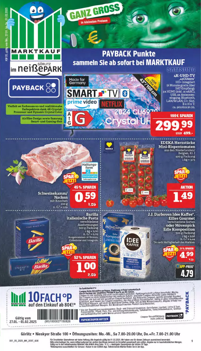 Aktueller Prospekt Marktkauf - Prospekt - von 26.01 bis 01.02.2025 - strona 1 - produkty: aktionspreis, barilla, coupon, darbo, darboven, deka, deo, eier, eilles gourmet, eis, Germ, HDMI, kaffee, mini-rispentomaten, papier, payback, reis, rispentomaten, schwein, schweine, tee, Ti, tisch, tomate, tomaten, wein, weine