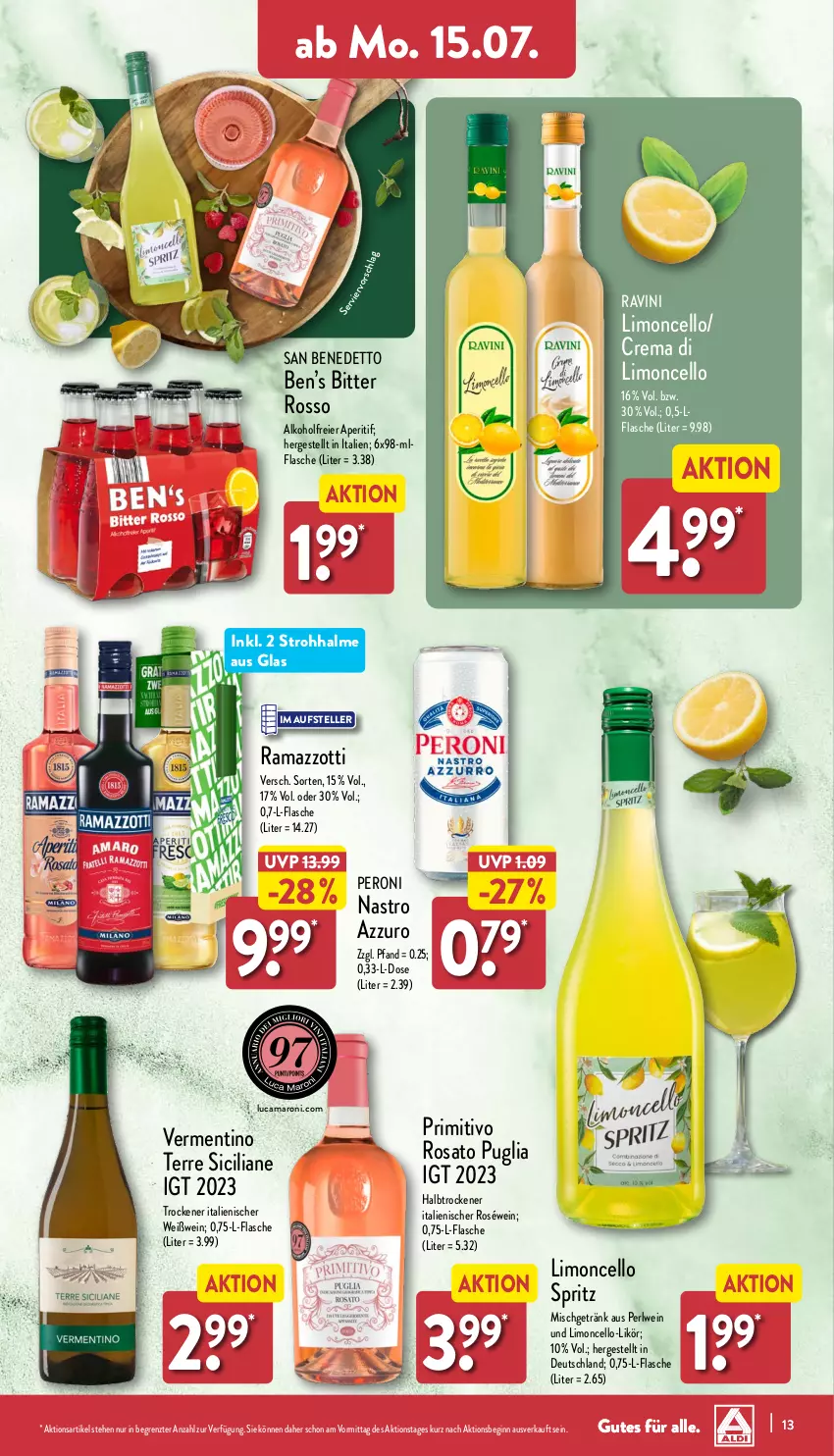 Aktueller Prospekt Aldi Nord - Von Montag - von 15.07 bis 20.07.2024 - strona 13 - produkty: alkohol, amaro, aperitif, eier, elle, flasche, getränk, gin, likör, limo, Peroni, primitivo, rama, ramazzott, ramazzotti, rosato, roséwein, teller, Ti, wein, Weißwein, zott, ZTE