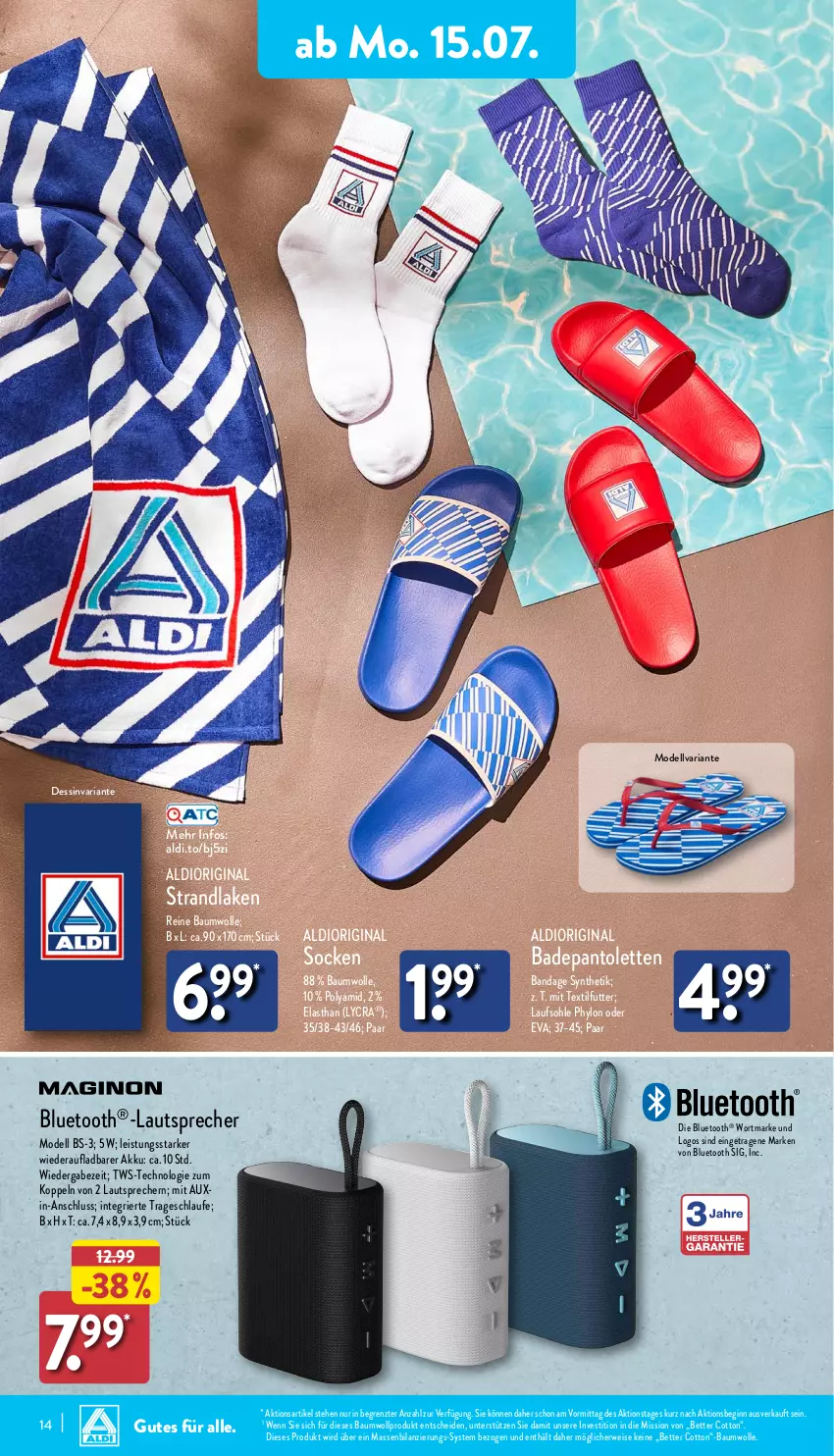 Aktueller Prospekt Aldi Nord - Von Montag - von 15.07 bis 20.07.2024 - strona 14 - produkty: akku, aldi, Bad, Bau, baumwolle, bett, bluetooth®-lautsprecher, dell, Dior, eis, gin, Hylo, lautsprecher, Mode, pantolette, pantoletten, reine baumwolle, Ria, rwe, socken, strandlaken, Ti, wolle, ZTE