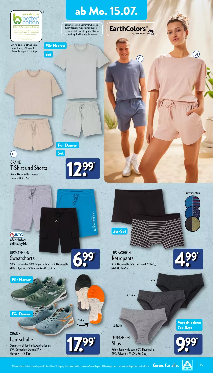 Aktueller Prospekt Aldi Nord - Von Montag - von 15.07 bis 20.07.2024 - strona 15 - produkty: aldi, Bau, baumwolle, Clin, decksohle, erde, gin, Laufschuhe, lebensmittel, Pants, pflanze, pflanzen, reine baumwolle, Retropants, Ria, rwe, schuhe, shirt, shorts, slip, slips, socken, strandlaken, sweatshorts, T-Shirt, Ti, up2fashion, wolle, ZTE