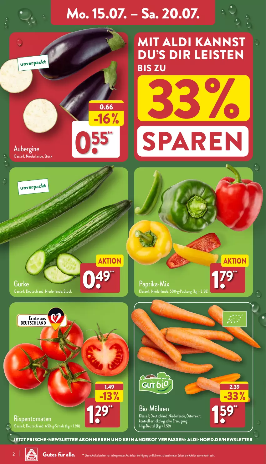 Aktueller Prospekt Aldi Nord - Von Montag - von 15.07 bis 20.07.2024 - strona 2 - produkty: aldi, angebot, aubergine, beutel, bio, eis, gin, gurke, möhren, paprika, rispentomaten, Schal, Schale, Ti, tomate, tomaten, trolli, ZTE