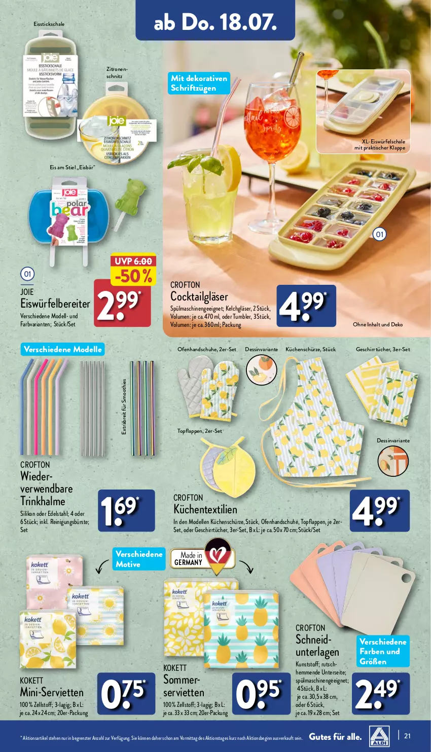 Aktueller Prospekt Aldi Nord - Von Montag - von 15.07 bis 20.07.2024 - strona 21 - produkty: Brei, bürste, cocktail, Crofton, dell, edelstahl, eis, eiswürfel, elle, ente, Germ, geschirr, geschirrtücher, gin, Gläser, handschuhe, küche, Küchen, Küchenschürze, Mode, Ofen, Reinigung, reinigungsbürste, Ria, rwe, Schal, Schale, schuhe, Schürze, Serviette, servietten, smoothie, smoothies, spülmaschinen, Ti, tisch, topf, Trinkhalme, tücher, würfel, zitrone, zitronen, ZTE