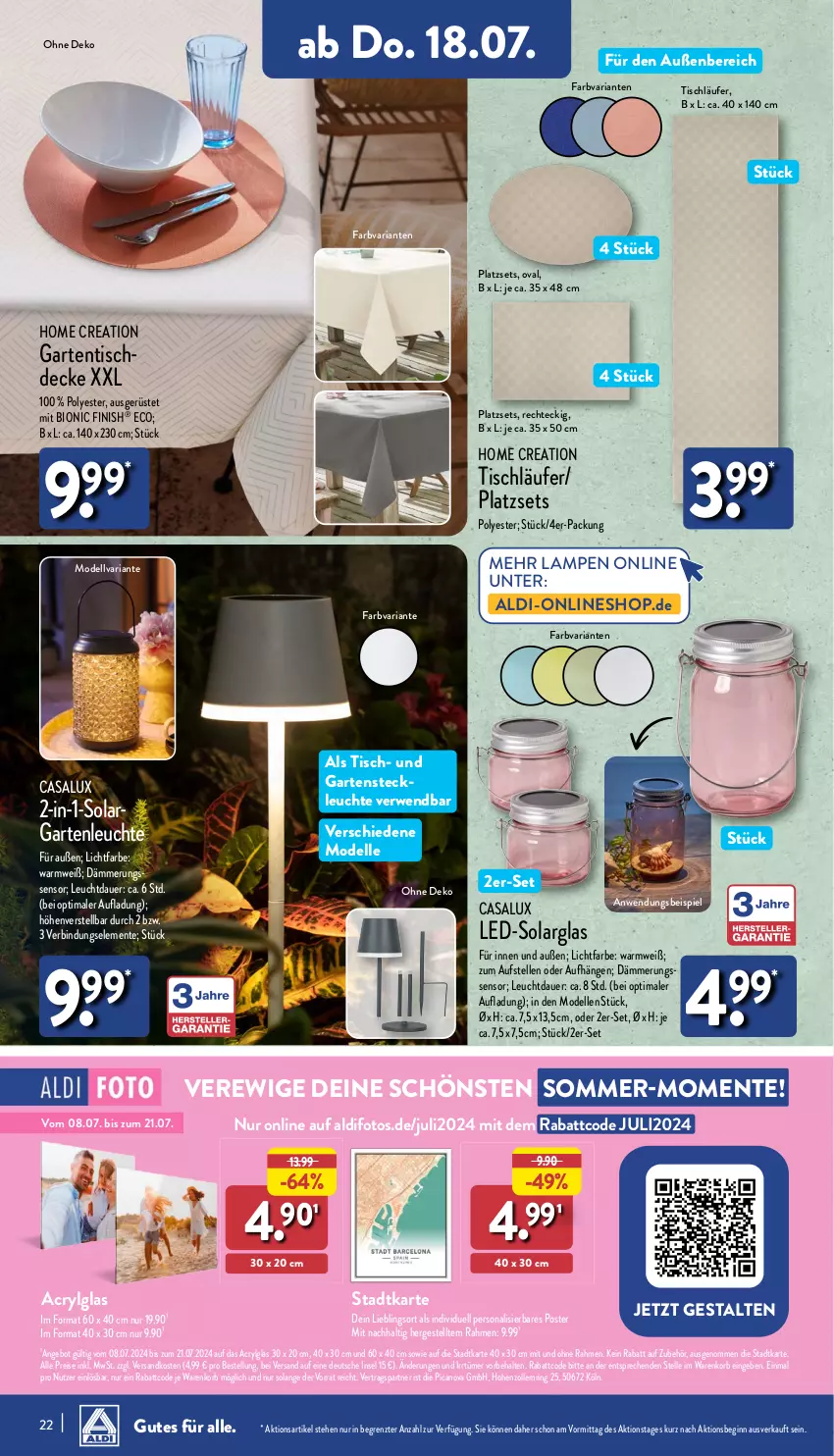 Aktueller Prospekt Aldi Nord - Von Montag - von 15.07 bis 20.07.2024 - strona 22 - produkty: aldi, angebot, auer, bio, decke, dell, eis, elle, ente, Finish, Garten, gartentisch, gin, korb, Lampe, Läufer, Leuchte, LG, Mode, ndk, Persona, reis, Ria, ring, rwe, Ti, tisch, tischläufer, ZTE