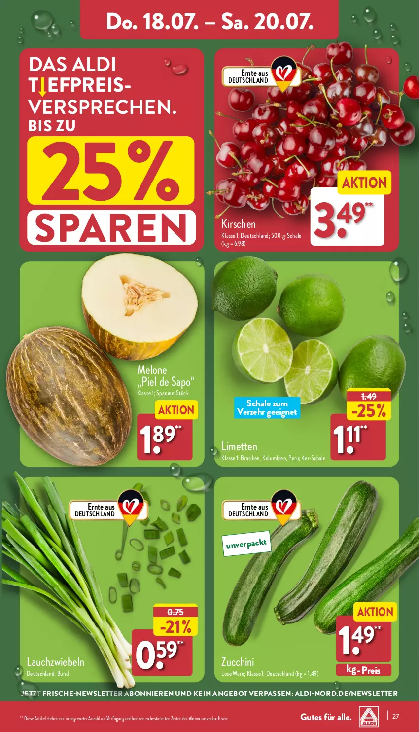 Aktueller Prospekt Aldi Nord - Von Montag - von 15.07 bis 20.07.2024 - strona 27 - produkty: aldi, angebot, eis, kirsch, kirsche, kirschen, Lauchzwiebel, lauchzwiebeln, limette, limetten, melone, Mett, metten, reis, Schal, Schale, Ti, ZTE, zucchini, zwiebel, zwiebeln