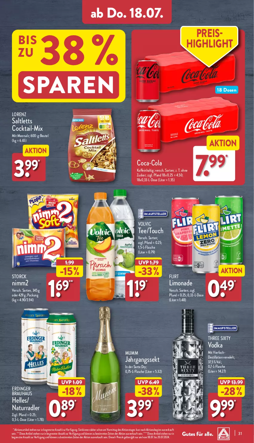 Aktueller Prospekt Aldi Nord - Von Montag - von 15.07 bis 20.07.2024 - strona 31 - produkty: beutel, coca-cola, cocktail, cola, eis, elle, erdinger, flasche, gin, limo, limonade, lorenz, meersalz, mumm, natur, nimm2, radler, reis, saltletts, salz, sekt, storck, tee, teller, Three Sixty, Ti, vodka, volvic, ZTE, zucker