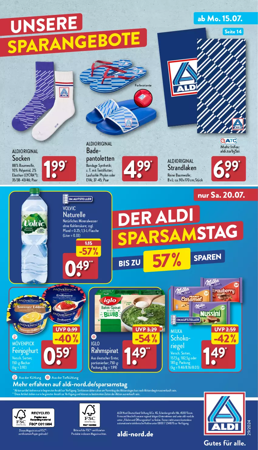 Aktueller Prospekt Aldi Nord - Von Montag - von 15.07 bis 20.07.2024 - strona 41 - produkty: aldi, Alwa, aus der tiefkühlung, auto, Bad, Bau, baumwolle, Becher, Dior, elle, feinjoghurt, flasche, gin, Hylo, iglo, joghur, joghurt, magazin, milka, mineralwasser, mövenpick, natur, natürliches mineralwasser, pantolette, pantoletten, papier, reine baumwolle, rel, Ria, riegel, schoko, socken, spinat, strandlaken, telefon, teller, Ti, volvic, wasser, wolle, ZTE