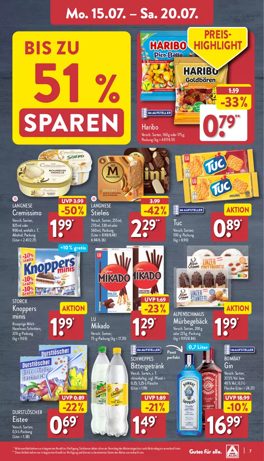 Aktueller Prospekt Aldi Nord - Von Montag - von 15.07 bis 20.07.2024 - strona 7 - produkty: alkohol, cremissimo, durstlöscher, eis, eistee, elle, flasche, getränk, gin, haribo, haselnuss, knoppers, langnese, langnese cremissimo, Maus, mikado, milch, nuss, reis, schnitten, schweppes, sim, stieleis, storck, tee, teller, Ti, tuc, ZTE