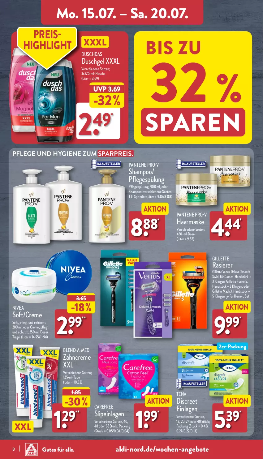 Aktueller Prospekt Aldi Nord - Von Montag - von 15.07 bis 20.07.2024 - strona 8 - produkty: aldi, angebot, angebote, blend-a-med, carefree, creme, Discreet, duschdas, duschgel, eis, elle, flasche, fusion5, gillette, gillette venus, mac, mach3, Maske, nivea, pantene, pantene pro-v, Pflegespülung, pro-v, rasierer, reis, shampoo, slip, slipeinlagen, spülung, swirl, teller, Ti, venus, zahncreme