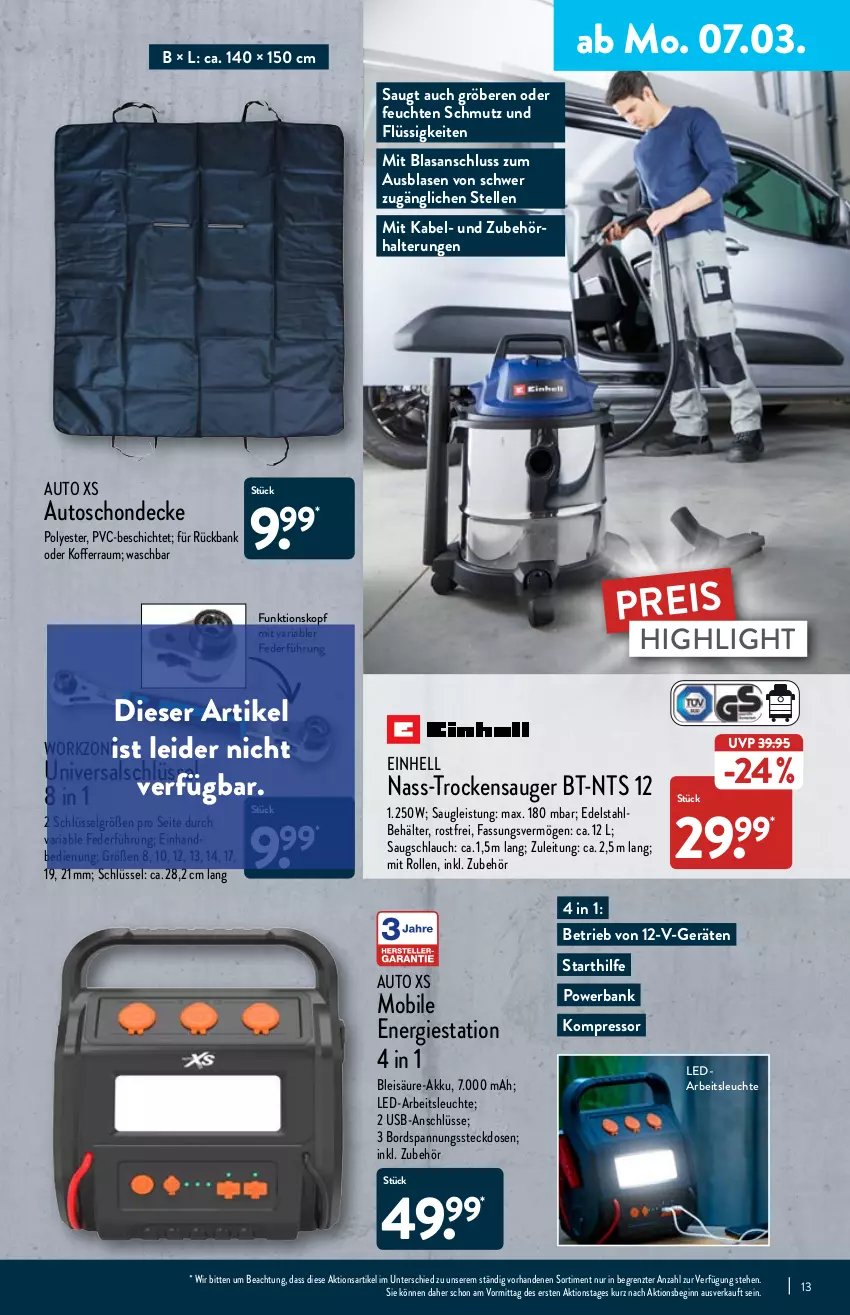 Aktueller Prospekt Aldi Nord - Aldi-Vorschau - von 07.03 bis 12.03.2022 - strona 13 - produkty: akku, Arbeitsleuchte, auto, Bank, Behälter, decke, edelstahl, einhell, eis, elle, gin, koffer, kompressor, Leuchte, LG, powerbank, reis, Ria, schlauch, Ti, Trockensauger, usb, ZTE